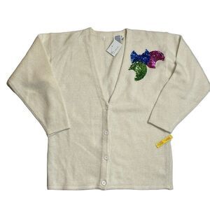 Vintage ivory lambswool Angora cardigan sequin appliqués Deadstock nwt small